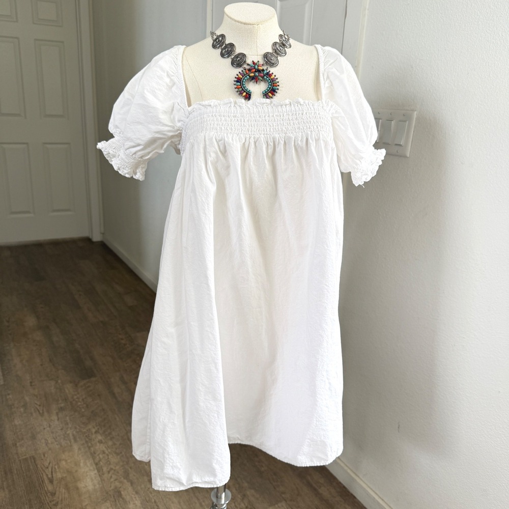 Urban Outfitters White Smocked Puff Sleeve Babydoll Mini Dress Square Neck Small